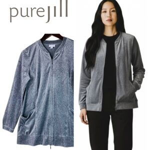 J Jill Pure Jill Small Jacket Coat Sweatshirt Velour Velvet Gray Zip Pockets
